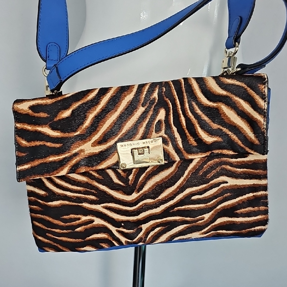 ANTONIO MELANI Brown and Blue Shoulder Bag with Animal Print